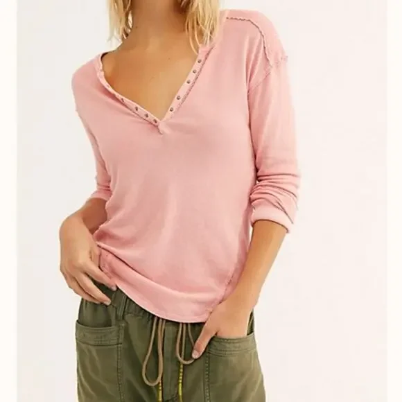 Free People Pink Military Mix Studded Henley Long Sleeve Top - Picture 2 of 12
